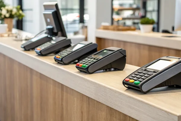 Several EMV card readers for a small business on a checkout counter.