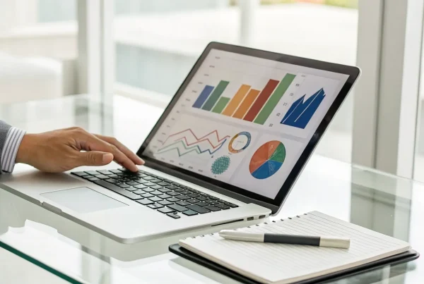 A merchant analyzing their e-merchant services charge statement on a laptop.