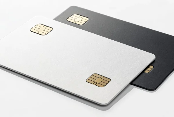 A silver and a black dual pricing debit card for business payment processing.