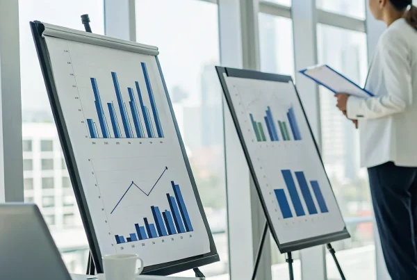 Businesswoman analyzing bar charts with dual pricing business examples.