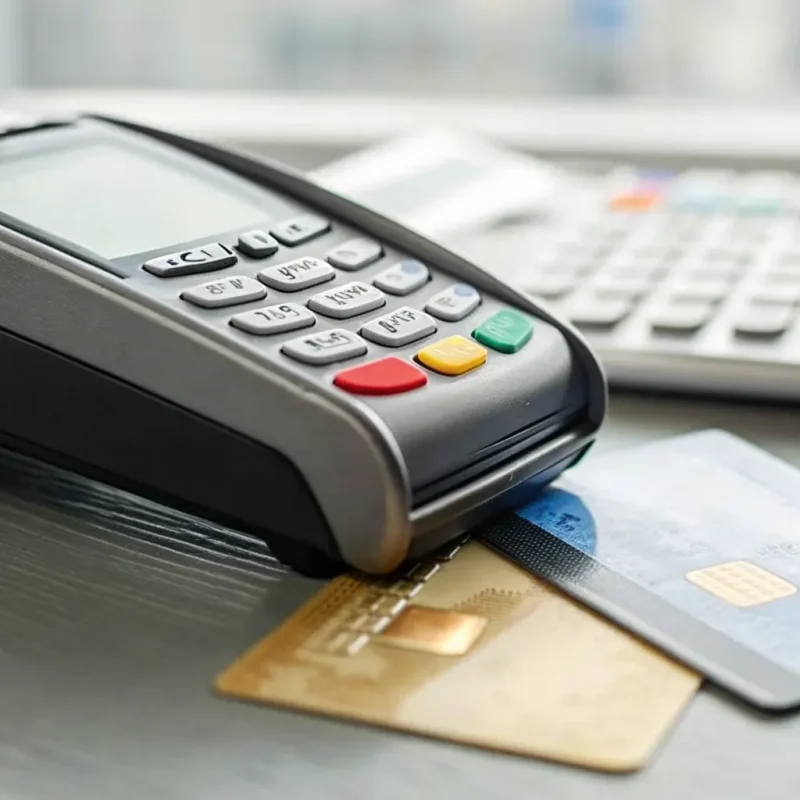 Credit card terminal comparing dual pricing vs cash discount options.