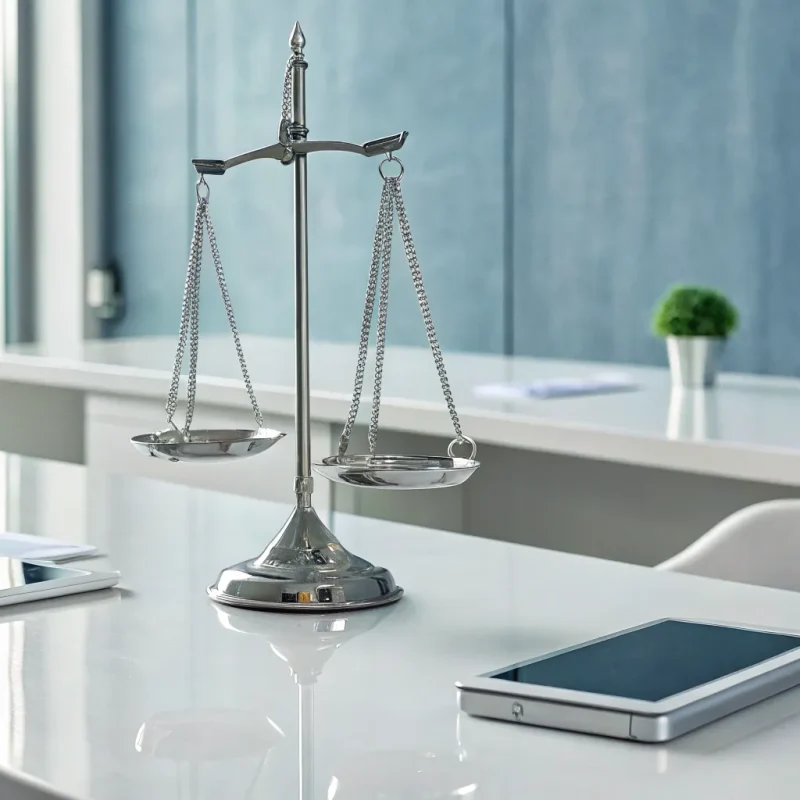 Scales of justice on a desk weighing the pros and cons of easy approval merchant services.