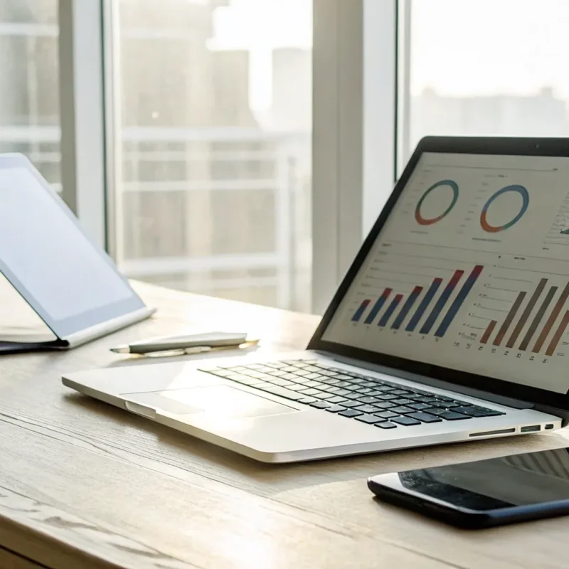 A person comparing quotes for merchant services on a laptop with financial graphs.