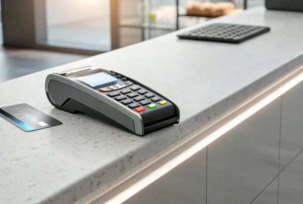 A merchant's terminal processes a credit card payment for next day funding.