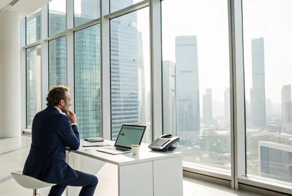 Man researching how to become a payment processor agent on his laptop in a modern office.