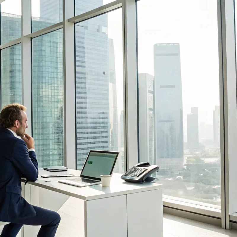 Man researching how to become a payment processor agent on his laptop in a modern office.