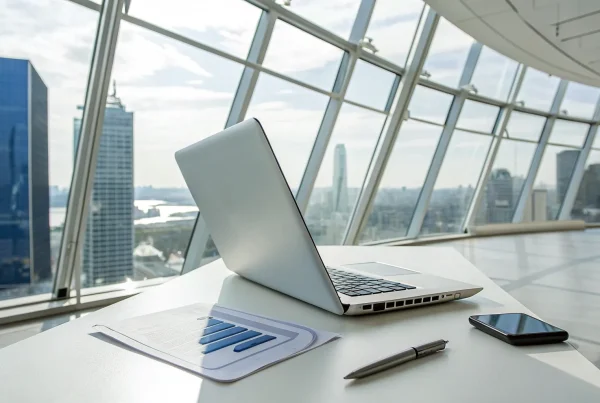 A merchant services agent researches the best ISO program on a laptop in a modern office.