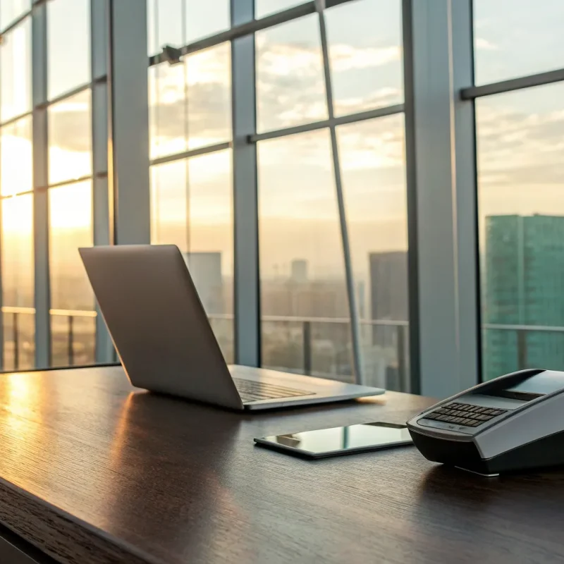 Payment terminal and laptop on a desk for earning lifetime residuals in payment processing.