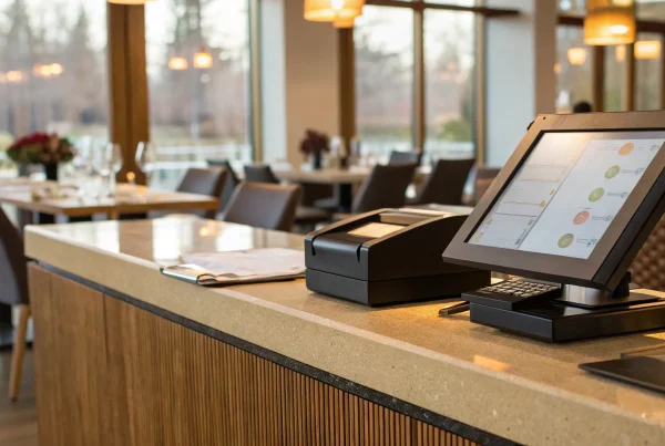 A modern restaurant POS system on a counter, a key consideration when you get a quote.