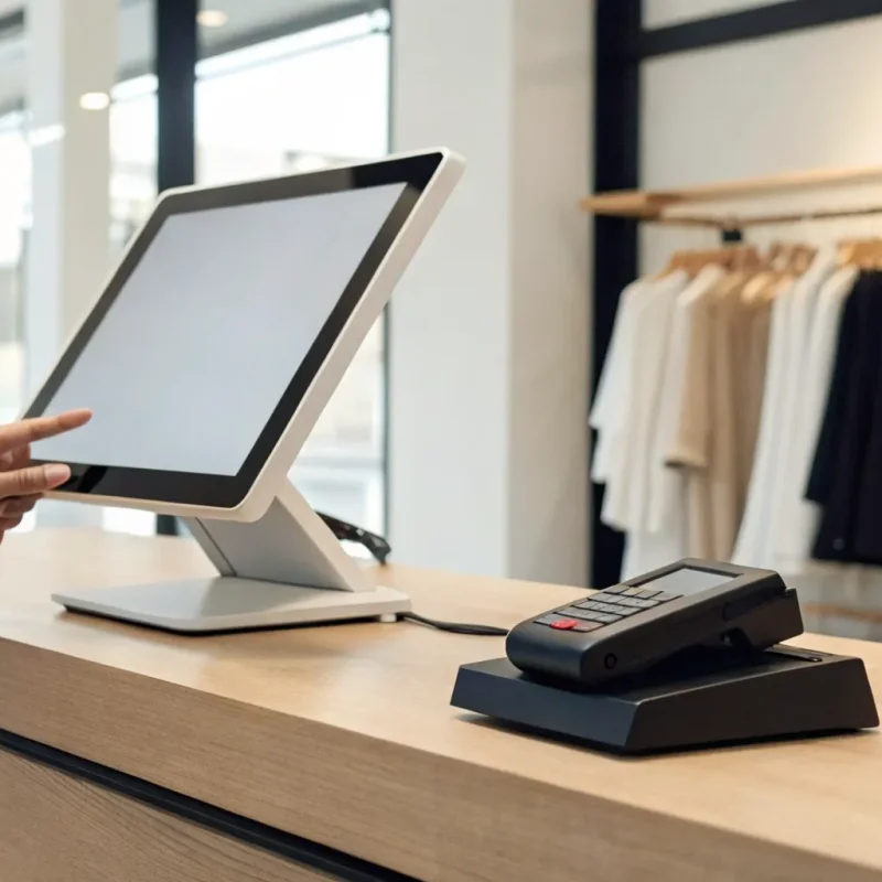 Getting a quote for a retail POS system like the one shown on a store's counter.