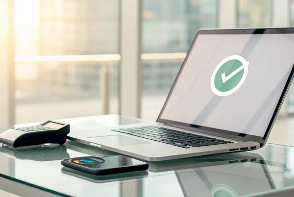 Laptop showing instant merchant account approval with no credit check next to a payment terminal.