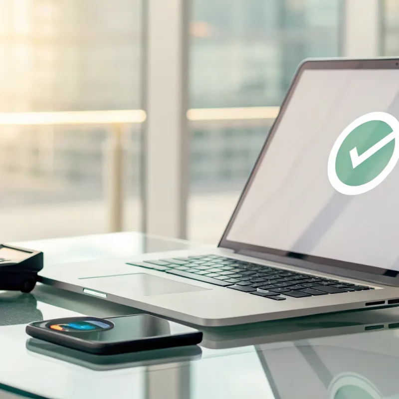 Laptop showing instant merchant account approval with no credit check next to a payment terminal.