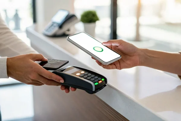 A smartphone completes an instant merchant payment, a key feature for accounts with no credit check.