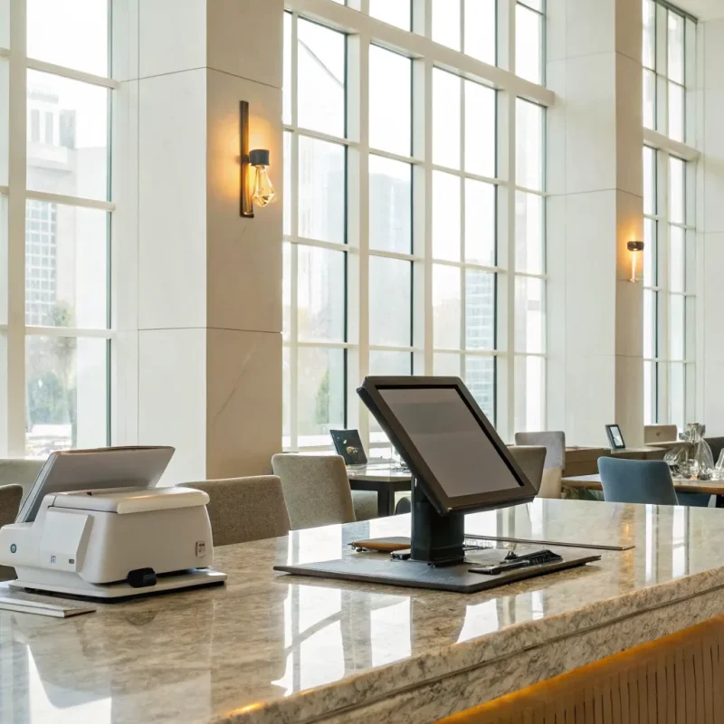 A restaurant POS system on a counter, part of a list of top systems recommended by Reddit.