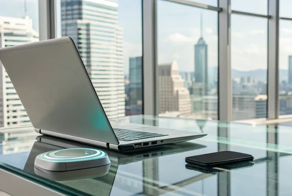 Laptop and smartphone on a modern office desk for same day payment processing.