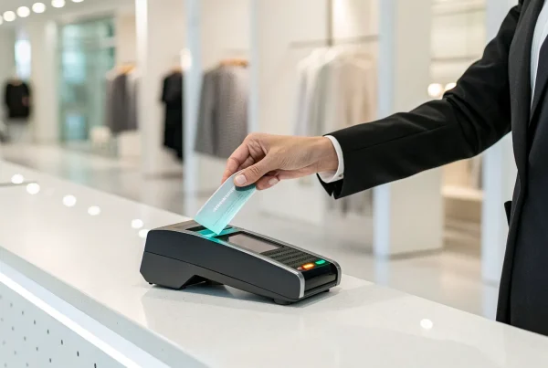 A person completes a credit card transaction, a key step in how zero-fee processing works.