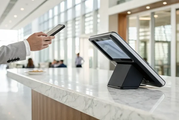 Person making a contactless payment with a phone at an indoor terminal.