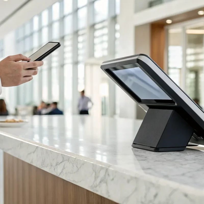 Person making a contactless payment with a phone at an indoor terminal.