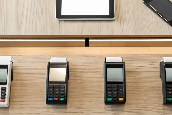 Modern credit card machines for a small business on a store counter.