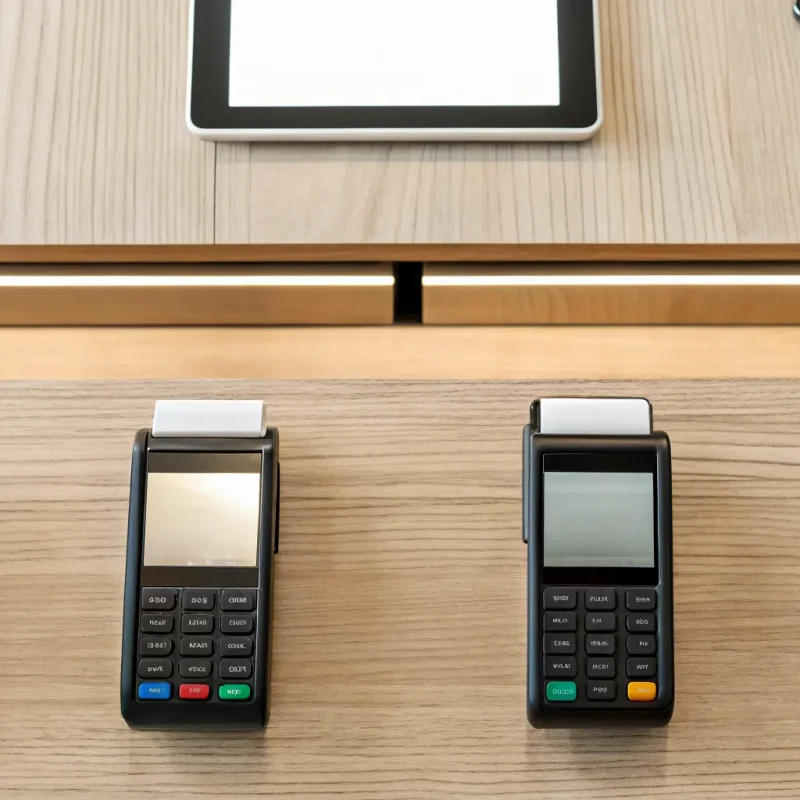 Modern credit card machines for a small business on a store counter.