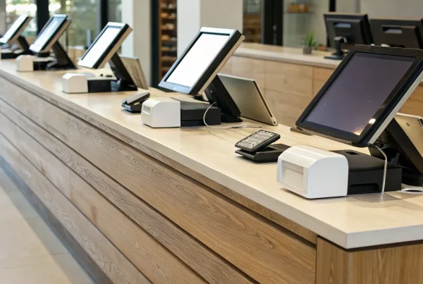 A modern retail shop POS system with a touchscreen and card reader on a checkout counter.