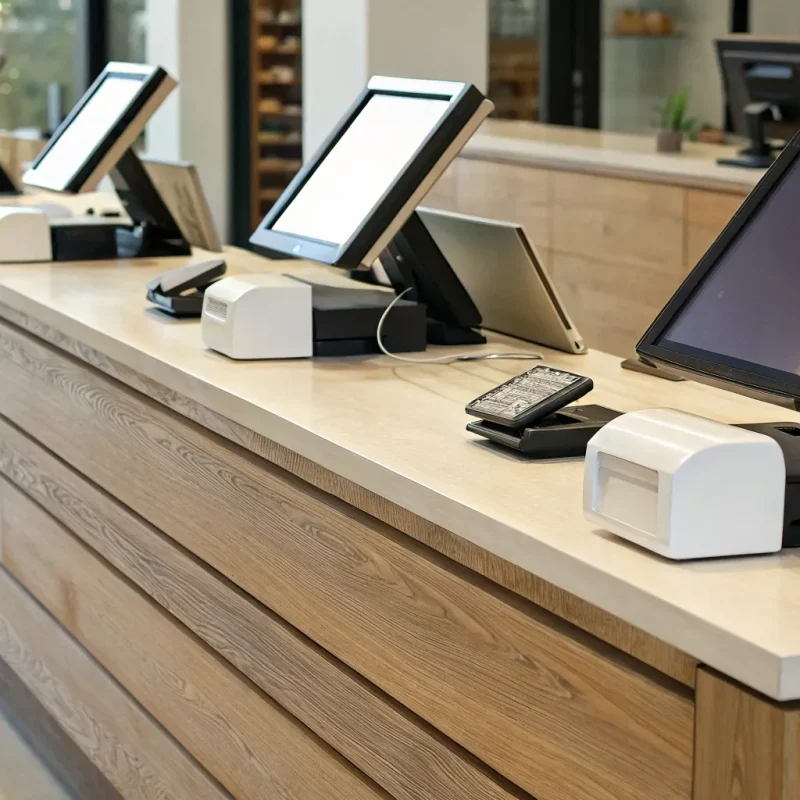 A modern retail shop POS system with a touchscreen and card reader on a checkout counter.