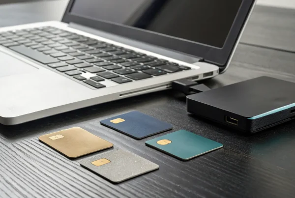 A smart chip card reader/writer connected to a laptop using software to encode smart cards.