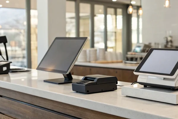 A modern free POS system with a tablet and card reader for a small business.