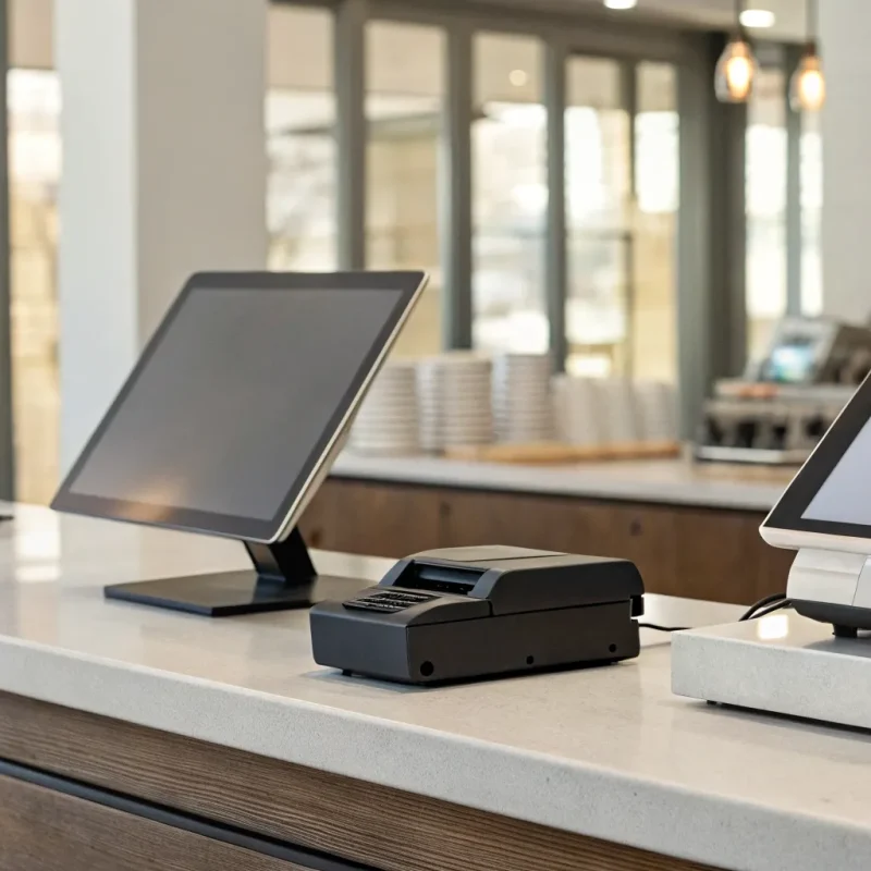A modern free POS system with a tablet and card reader for a small business.