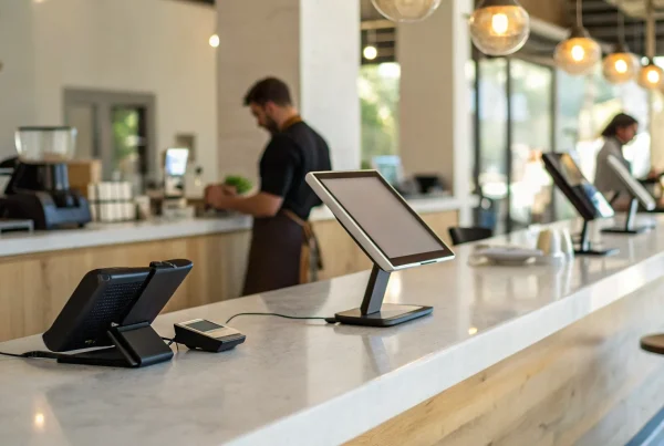 Choosing the right POS system for a restaurant, with modern terminals on a service counter.