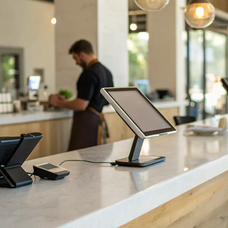 Choosing the right POS system for a restaurant, with modern terminals on a service counter.