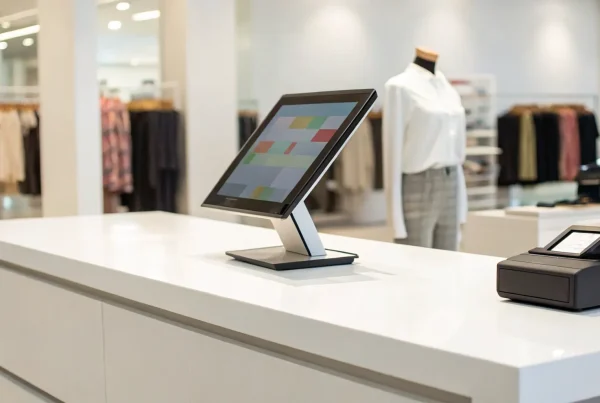 A retail store POS system on a checkout counter.