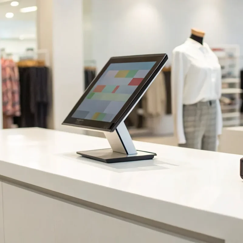 A retail store POS system on a checkout counter.