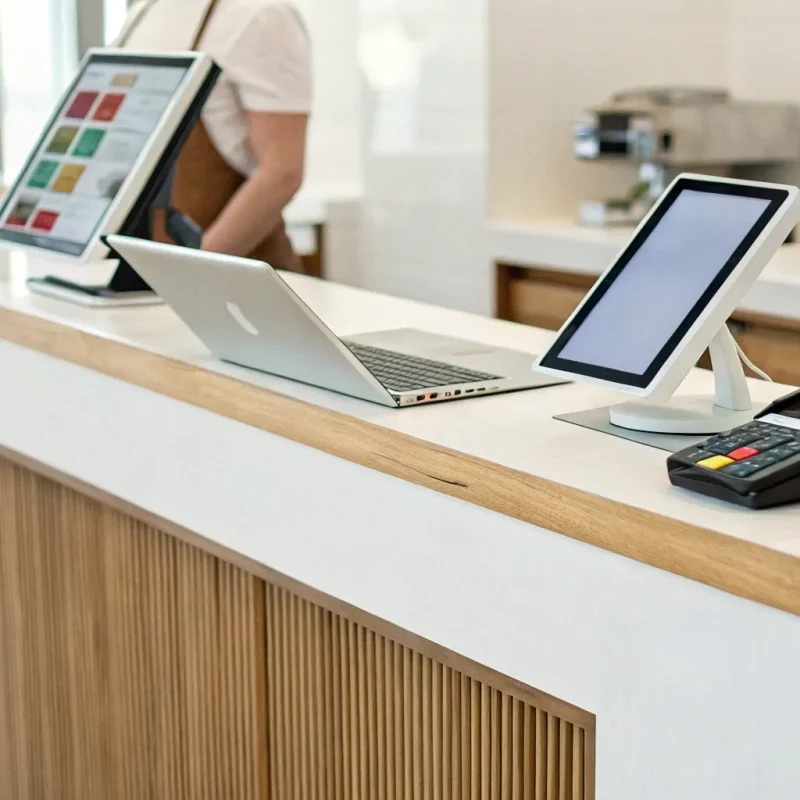 A retail store's checkout counter with an online payment processing terminal.