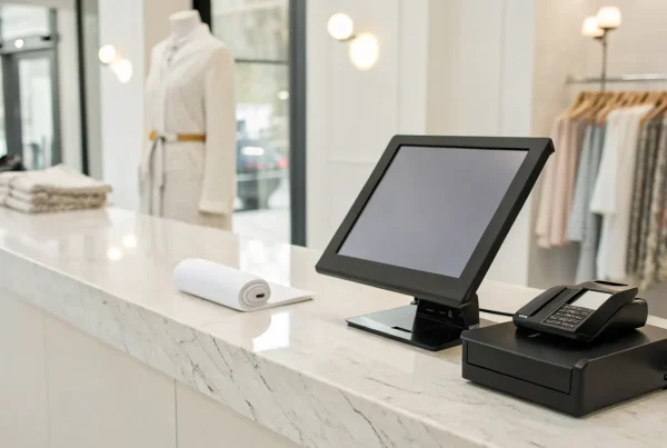 A modern checkout counter featuring a tablet running free POS software and a card reader.