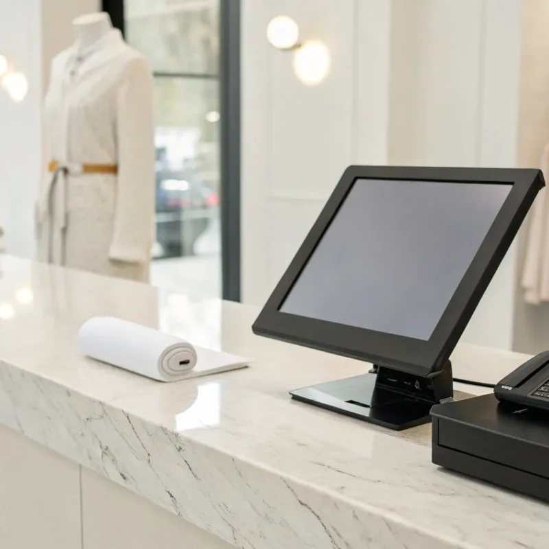A modern checkout counter featuring a tablet running free POS software and a card reader.