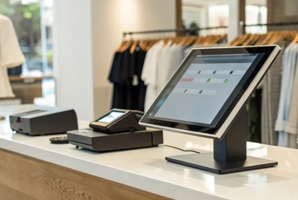 Free POS software on a touchscreen at a retail counter with a card reader and printer.
