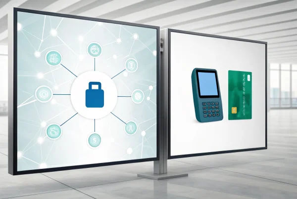 A credit card terminal showing the link between a merchant processor and a merchant account.