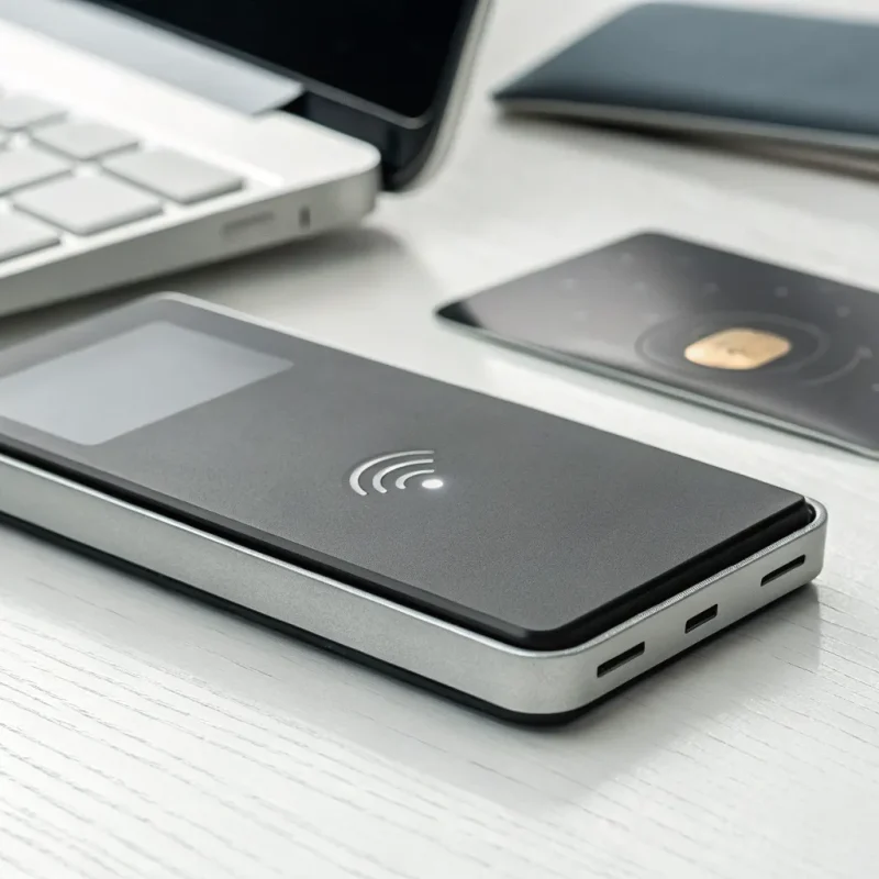 A pay swipe machine next to a credit card, showing the total price and transaction fees.