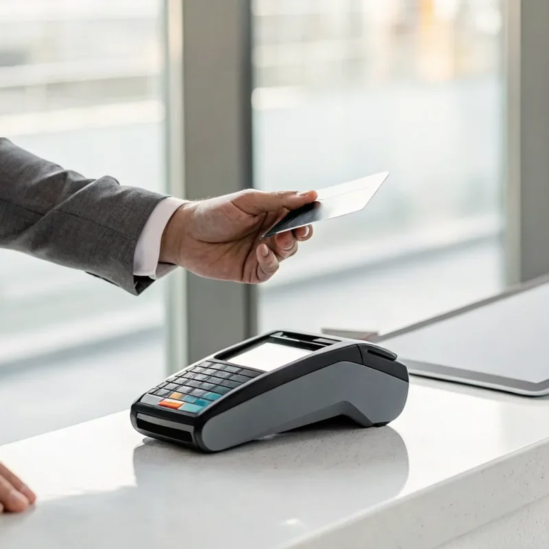A merchant processes a credit card payment using Take Charge advanced merchant services.