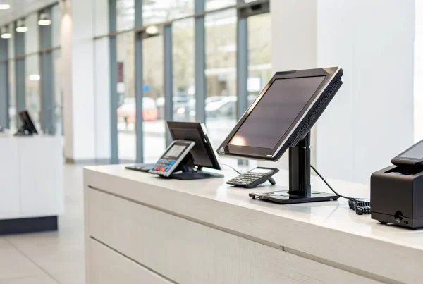 A modern retail counter with a tablet running free POS software and a card reader.