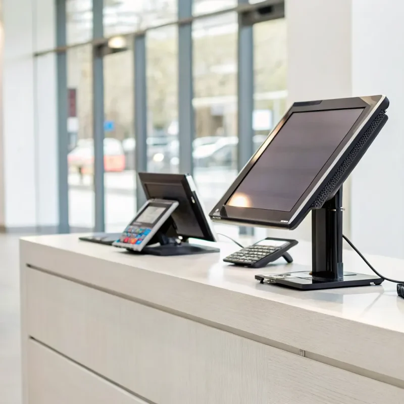 A modern retail counter with a tablet running free POS software and a card reader.