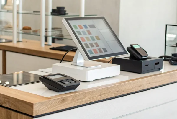 A modern POS software system for a small business on a retail counter.
