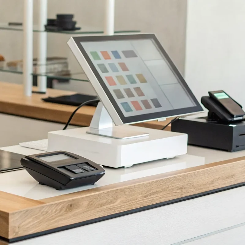 A modern POS software system for a small business on a retail counter.