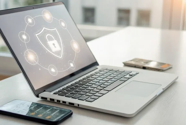 Laptop showing secure online payment methods for a website, with a smartphone and credit card on the desk.