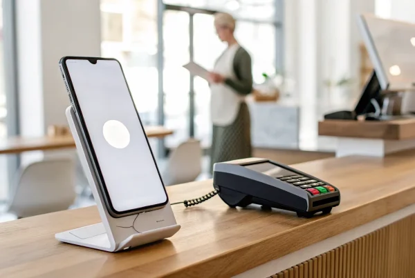 Merchant services for a small business using a phone and card reader for customer payments.