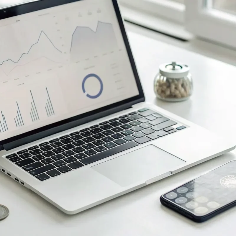 A desk with a laptop and smartphone showing what is needed to accept payments online.