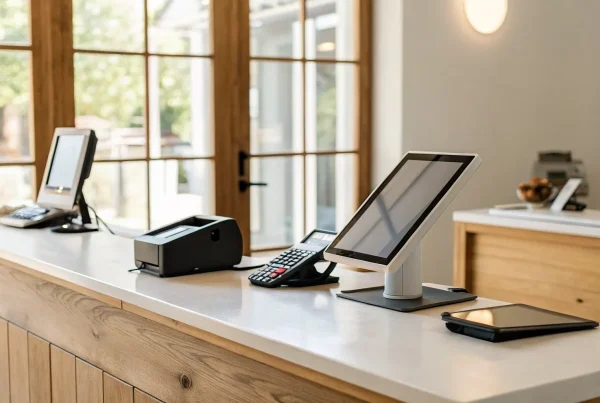 Small business credit card machine and point-of-sale system on a checkout counter.