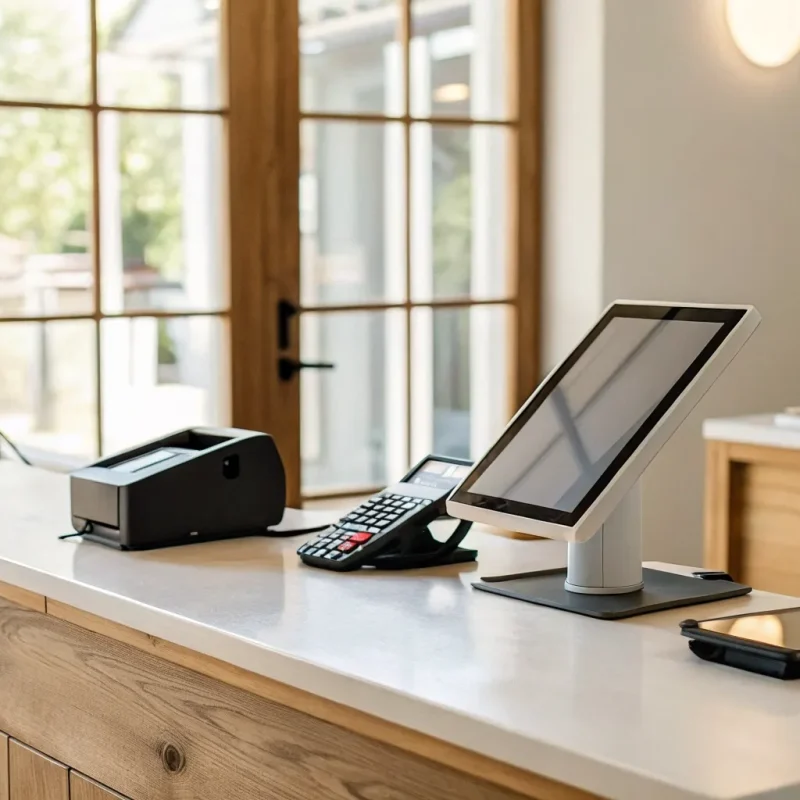 Small business credit card machine and point-of-sale system on a checkout counter.