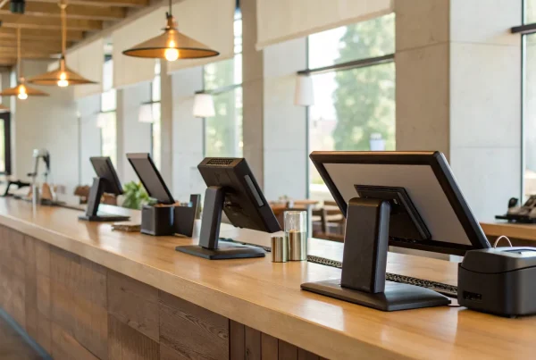 A small restaurant POS system with a touchscreen on a service counter.